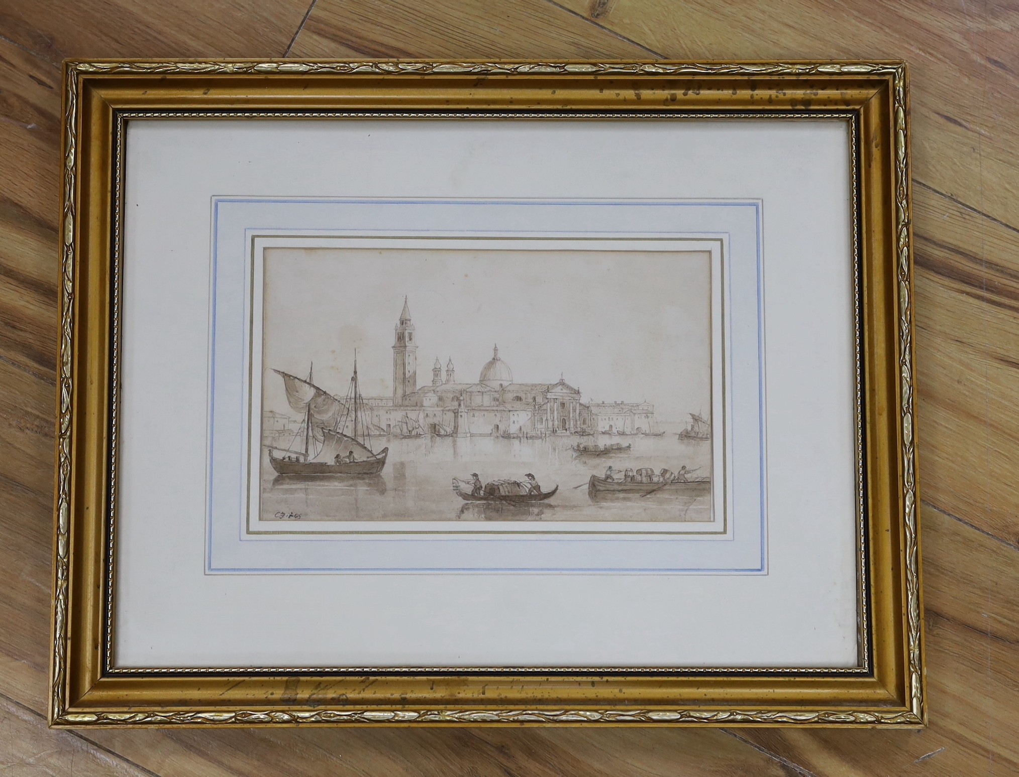 English School c.1845, watercolour, 'Venice, The Lagoon', initialled CF, 15 x 24cm